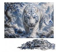White Tiger with Blue Stripes Puzzle Adulte en Bois 500 pièces | Puzzle adulte: activité familiale autour de la table seul ou à plusieurs.