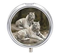 White Tigers Pilulier rond à 3 compartiments, organiseur de médicaments décoratif portable pour poche ou sac à main, organiseur de vitamines