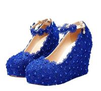 White Wedges Wedding Pumps Sweet Flower Lace Pearl Platform Pump Shoes Bride Dress Shoe High Heels(Blue,39)