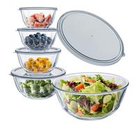 WhiteRhino Saladiers en Verre avec Couvercles, Lot de 5 (0,8L, 1,05L, 1,6L, 2,7L, 4,45L), Grand Bol à Salade Motif Diamant & Couvercles Gris Transparents,Bols Empilables pour Préparer, Cuisiner