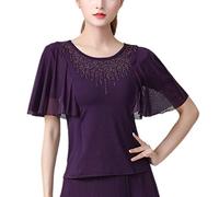 Whitewed Strass Manches Courtes Cha Cha Rumba boléro Mambo Jive Samba Danse Pratique Performance Hauts Chemises Chemisier t-Shirts