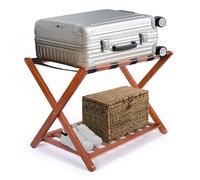 Whitmor Porte-bagages en bambou avec étagère inférieure, support pliable pour valise, étagère de rangement robuste, 5 sangles en nylon et cadre en forme de X, support de bagage en noyer entièrement