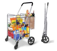 Whitmor Utility Folding Shopping Cart, 115L Heavy Duty Grocery Cart with Double Basket, 360° Swivel Wheels, Foldable Rolling Utility Trolley, 110 Lbs Capacity for Grocery, Laundry, Travel, Sliver