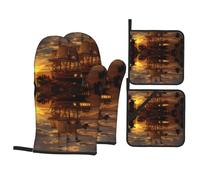 WHJDPP Boat at dusk Prints Lot de 4 maniques résistantes à la chaleur et gants de cuisine - Couche imperméable pour un nettoyage facile, idéal pour les grillades et la pâtisserie
