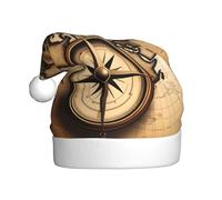 WHJDPP Boussole et carte du monde avec image de l'ancienne carte du monde pour hommes et femmes, chapeaux de Noël en peluche, chapeaux de Noël pour adultes et Nouvel An
