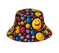 WHJDPP Chapeau bob réfléchissant coloré avec smiley imprimé pour homme et femme pour voyage, camping, activités de plein air, noir