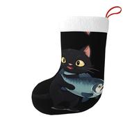 Whjdpp Chaussettes de Noël imprimées double face avec motif chat noir tenant un gros poisson pour décoration d'intérieur de fête de vacances de grande capacité