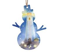 WHJDPP Décoration de Noël en bois en forme de bonhomme de neige - 1 pièce - Aquarelle - Phare fantaisie - Impression lumineuse à suspendre sur les arbres de Noël