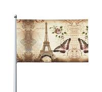 WHJDPP Drapeau vintage Paris Tour Eiffel et papillons imprimés 0,9 x 1,5 m - Bannière en polyester durable pour cour, terrasse, porche et présentations festives - Couleurs vives et installation facile