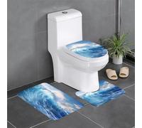 WHJDPP Ensemble de 3 tapis de bain antidérapants à séchage rapide Motif vagues de l'océan Bleu