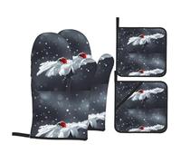 WHJDPP Ensemble de 4 pièces de cuisine coccinelle sur marguerite comprenant 2 gants isolants et 2 coussinets pour couvercles de casserole avec poches, anti-brûlure et isolation thermique