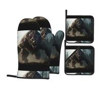 WHJDPP Ensemble de 4 pièces de cuisson Werewolf HD Prints avec maniques résistantes à la chaleur et gants de four - Couche imperméable pour un nettoyage facile, idéal pour les grillades et la