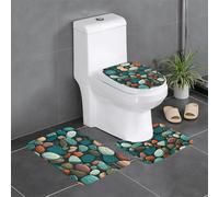 WHJDPP Lot de 3 tapis de salle de bain antidérapants multicolores avec impression de pierres de mer, contour ovale et rectangulaire pour toilettes, coiffeuse et toilettes