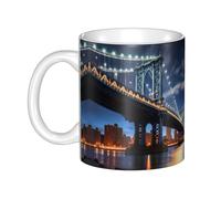 WHJDPP New York Manhattan Bridge Night Mug en céramique pour cappuccino, latte, céréales, yaourt, lait, boissons chaudes ou froides Four à micro-ondes