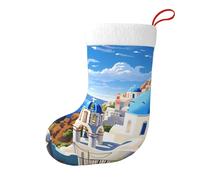 Whjdpp Santorini Chaussettes de Noël imprimées recto-verso Motif île grecque vue sur la mer Pour décoration d'intérieur