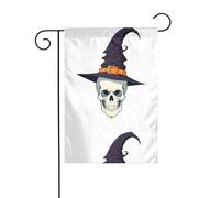 WHJDPP Squelette avec chapeau de sorcière imprimé drapeaux de jardin 30,5 x 45,7 cm pour décoration de cour avec une largeur de poteau de 3 cm (drapeau uniquement, mât non inclus)