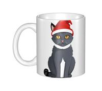 WHJDPP Tasse en céramique avec motif chat gris dans un chapeau de Père Noël pour cappuccino, latte, céréales, yaourt, lait, boissons chaudes ou froides Four à micro-ondes