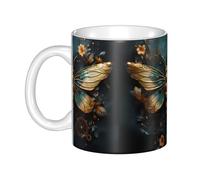 WHJDPP Tasse en céramique dorée délicate libellule pour cappuccino, latte, céréales, yaourt, lait, boissons chaudes ou froides, four à micro-ondes