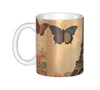 WHJDPP Vintage Paris Tour Eiffel Papillon Image Mug en céramique pour cappuccino, latte, céréales, yaourt, lait, boissons chaudes ou froides Four à micro-ondes