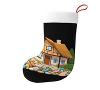 Whjhbd Chaussettes décoratives de Noël imprimées avec pierres colorées devant le chalet pour remplir de petits cadeaux tels que des bonbons et des petits jouets