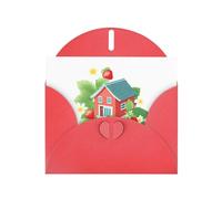 WHJSHOP Carte de vœux rouge avec fleurs de fraises sur le chalet, parfaite pour la Saint-Valentin, un anniversaire de mariage et des invitations de fête