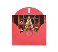 WHJSHOP Carte de vœux rouge avec motif sapin de Noël dans la fenêtre, parfaite pour la Saint-Valentin, un anniversaire de mariage et des invitations de fête