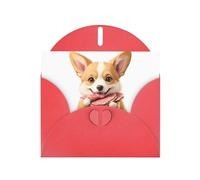 WHJSHOP Carte de vœux rouge « Little Corgi is eating jambon » - Parfaite pour la Saint-Valentin, un anniversaire de mariage et des invitations de fête