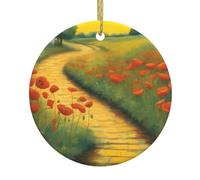 WHJSHOP Champ de coquelicots routes en briques jaunes - Décoration de Noël circulaire en céramique - 7,4 cm