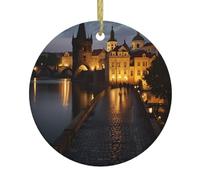 WHJSHOP Charles Bridge Tableau de Noël rond en céramique à suspendre - 7,4 cm pour ajouter une atmosphère à la fête des fêtes de fin d'année