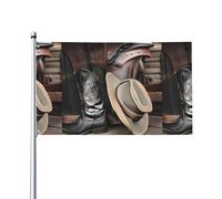 WHJSHOP Drapeau de cowboy avec chapeau noir et bottes occidentales - 0,9 x 1,5 m - Bannière en polyester vibrant pour cour, terrasse, fête et plus encore