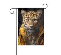 WHJSHOP Drapeau de jardin imprimé léopard dans une veste en cuir 30,5 x 45,7 cm pour décoration de cour avec une largeur de poteau de 3 cm (drapeau uniquement, mât non inclus)