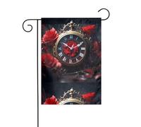 WHJSHOP Drapeau de jardin motif petite fleur rouge dans l'horloge 30,5 x 45,7 cm pour décoration de cour avec une largeur de poteau de 3 cm (drapeau uniquement, mât non inclus)