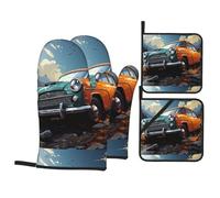 WHJSHOP Ensemble de cuisine imprimé « Take a trip in the car » avec gants de four, ensemble quatre pièces épais et isolé