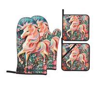 WHJSHOP Ensemble de maniques et maniques roses imprimées licorne - Couches de cuisine imperméables et résistantes à la chaleur - Housses durables pour une cuisine sûre et un nettoyage facile