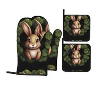 WHJSHOP Ensemble de pâtisserie de cuisine imprimé Clover Bunny - Gants de four épais et isolants - Ensemble quatre pièces