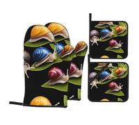 WHJSHOP Ensemble de pâtisserie de cuisine imprimé escargots colorés sur les feuilles, gants de four, ensemble quatre pièces épais et isolé