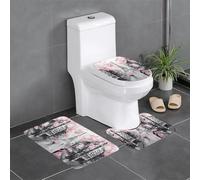 WHJSHOP Ensemble de tapis de sol 3 pièces Motif Paris Street Tour Eiffel Rose Imprimé floral absorbant l'eau et antidérapant pour salle de bain, toilettes et cuisines