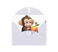 WHJSHOP Little Monkey eating Peach Prints Carte de vœux - Papier nacré de qualité supérieure, effet perlé double face, enveloppe en papier perlé avec boucle d'amour