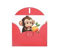 WHJSHOP Little Monkey eating Peach Prints Carte de vœux - Papier nacré de qualité supérieure, effet perlé double face, enveloppe en papier perlé avec boucle d'amour