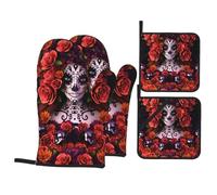 WHJSHOP Lot de 4 maniques et maniques Day of the Dead Sugar Roses Skull Picture pour four, micro-ondes et grillades en plein air