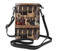 WHJSHOP Petit sac à main pour téléphone portable 19,3 x 12,4 cm, guitare, basse, instruments de musique, impression en cuir avec bandoulière pour femme, parfait pour la marche, le camping, noir