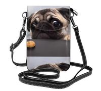 WHJSHOP Petit sac à main pour téléphone portable de 19,3 x 12,4 cm, joli motif carlin, étui à rabat en cuir pour femme, parfait pour la marche, le camping, noir