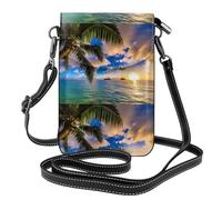 WHJSHOP Petit sac à main pour téléphone portable de 19,3 x 12,4 cm, motif tropical hawaïen, palmier, océan, mer, coucher de soleil, étui en cuir à rabat pour femme, parfait pour la marche, le camping