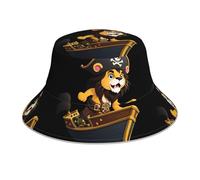 WHJSHOP Pirate Lion Driving a Ship Printed Reflective Bucket Hat Hommes et Femmes Casual Outdoor Noir