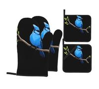 WHJSSF Blue Kingfisher Lot de 4 gants de cuisine avec poches anti-brûlure et isolation thermique avec 2 gants isolants et 2 couvercles de casseroles avec poches