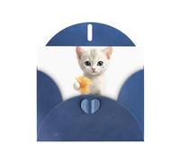 WHJSSF Carte de vœux bleue avec chaton tenant des crevettes - 10,2 x 15,2 cm - Pour Noël, anniversaire d'enfant, Saint-Valentin, anniversaire de mariage et invitations de fête