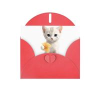 WHJSSF Carte de vœux rouge avec chaton tenant des crevettes - 10,2 x 15,2 cm - Pour Noël, anniversaire d'enfant, Saint-Valentin, anniversaire de mariage et invitations de fête