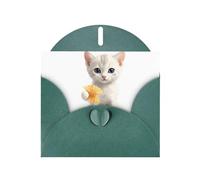 WHJSSF Carte de vœux vert foncé avec chaton tenant des crevettes - 10,2 x 15,2 cm - Pour Noël, anniversaire d'enfant, Saint-Valentin, anniversaire de mariage et invitations de fête