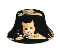 WHJSSF Chapeau cloche réfléchissant avec motif chat qui aime manger des pâtes pour homme et femme, pour voyage, camping, randonnée, noir