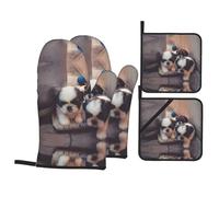 WHJSSF Cute Puppy in the corner Prints Kitchen Baking Set - Lot de 4 couches de protection contre la chaleur avec maniques imperméables pour four, grill et service